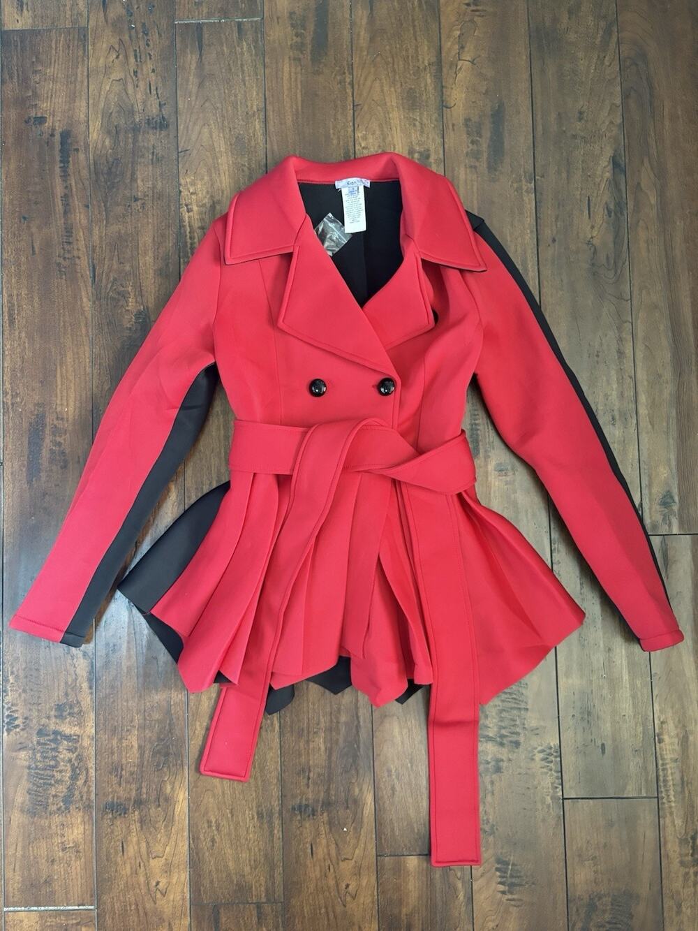 Y2K Eien Belted Jacket Women’s S Red Skirted Pea Coat Chic Grunge 2000s Vintage